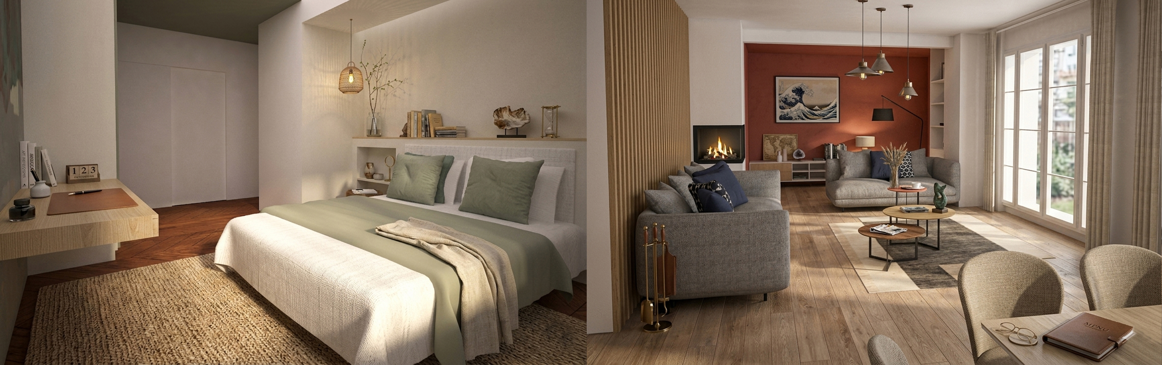 Vue 3D d'un séjour aménagé et d'une chambre parentale
